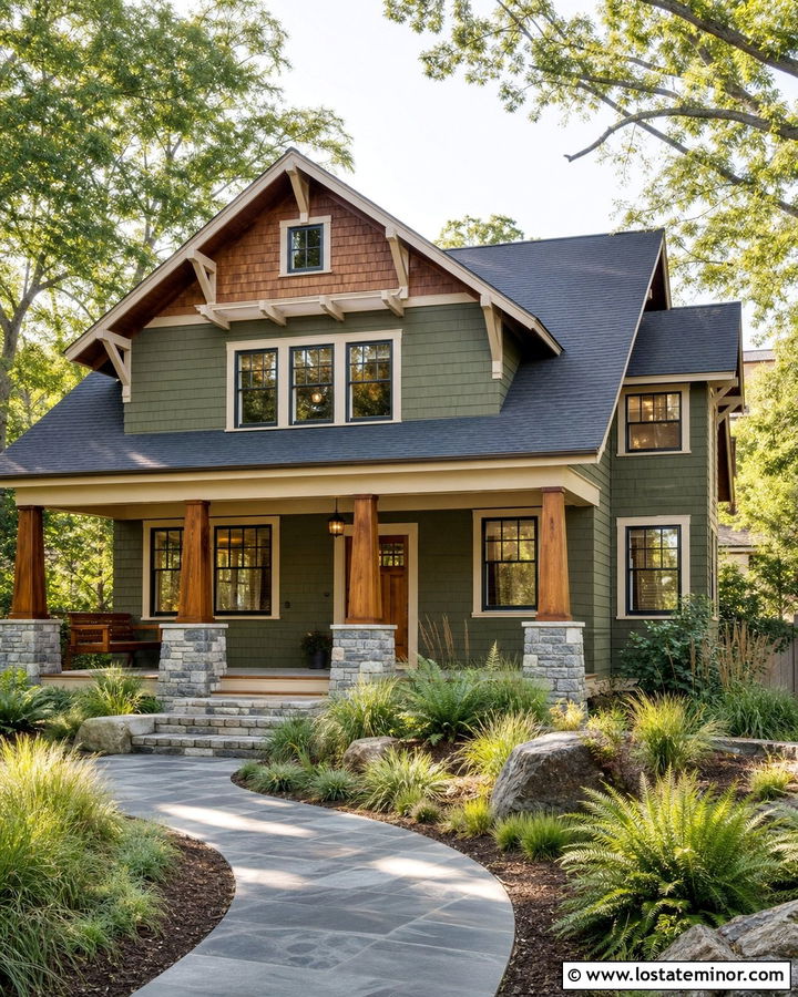 Moss Green Craftsman With Cedar Porch Columns - 30 Moss Green House Design With Porch Columns Ideas