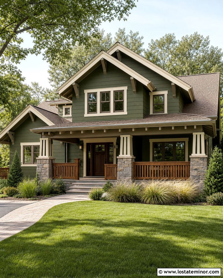 Moss Green Craftsman With Cedar Railings - 30 Moss Green House Design With Railings Ideas