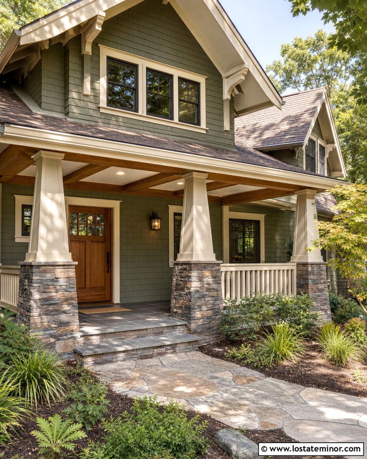 Moss Green Craftsman With Coffered Porch Ceiling - 30 Moss Green House Design With Porch Ceiling Ideas