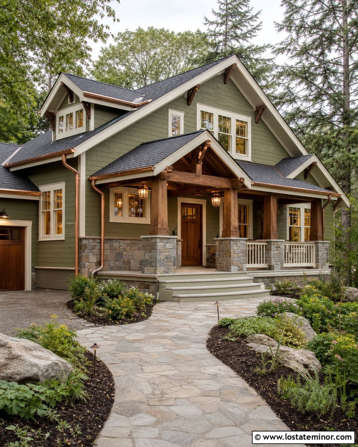 Moss Green Craftsman With Copper Accents - 30 Moss Green House Design With Trim Ideas