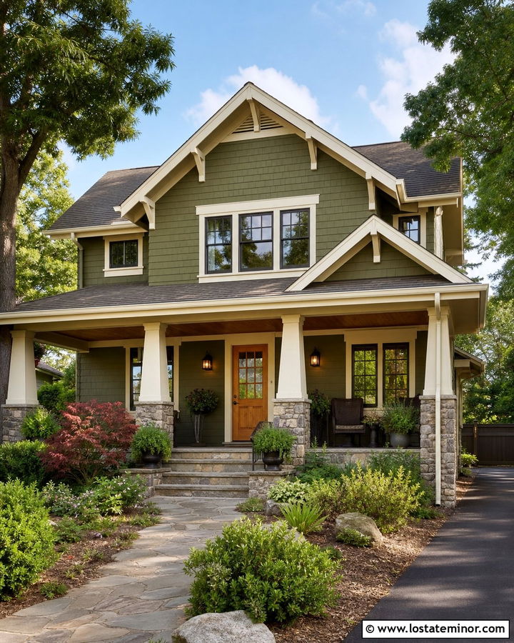 Moss Green Craftsman With Cream Trim - 30 Moss Green House Design With Trim Ideas