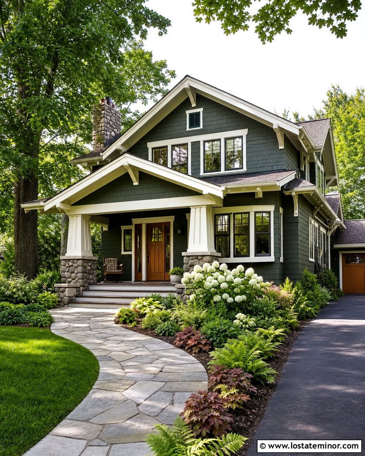 Moss Green Craftsman With Curved Stone Walkway - 30 Moss Green House Design With Front Yard Ideas