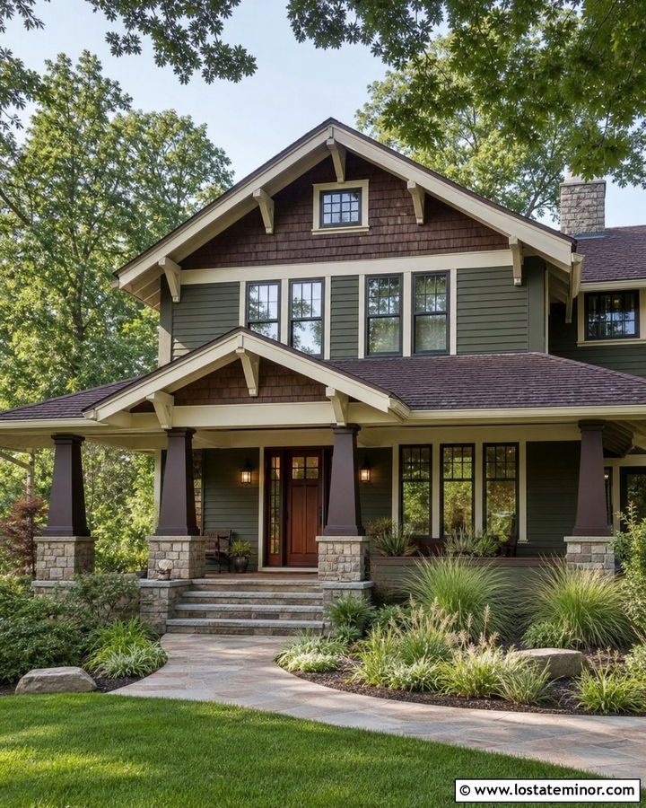 Moss Green Craftsman With Dark Brown Porch Columns - 30 Moss Green House Design With Porch Columns Ideas