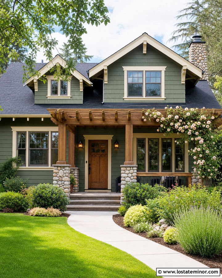 Moss Green Craftsman With Front Porch Pergola - 30 Moss Green House Design With Pergola Ideas