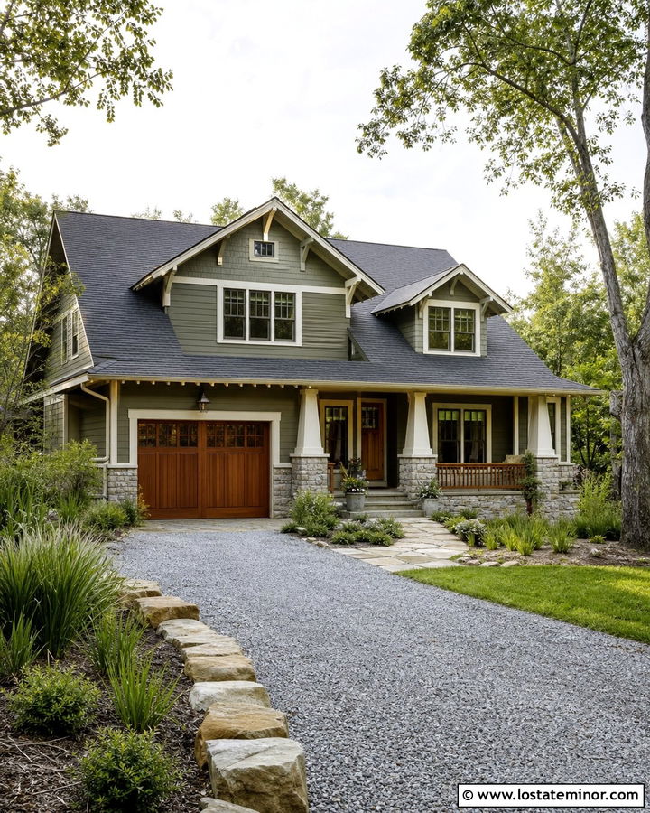Moss Green Craftsman With Gravel Driveway - 30 Moss Green House Design With Driveway Ideas