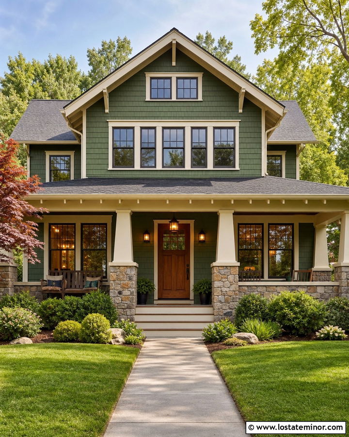 Moss Green Craftsman With Gray Roof Shingles - 30 Moss Green House Design With Shingles Ideas