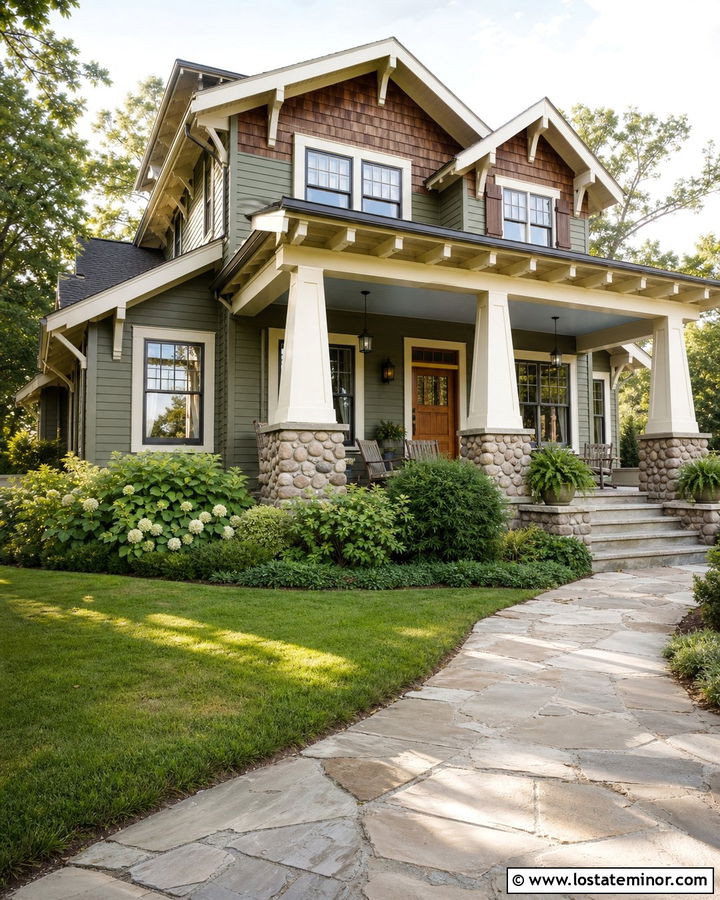 Moss Green Craftsman With Haint Blue Porch Ceiling - 30 Moss Green House Design With Porch Ceiling Ideas