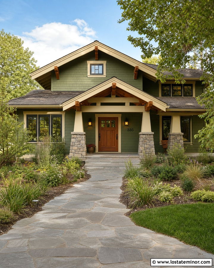 Moss Green Craftsman With Stained Front Door - 30 Moss Green House Design With Front Door Ideas