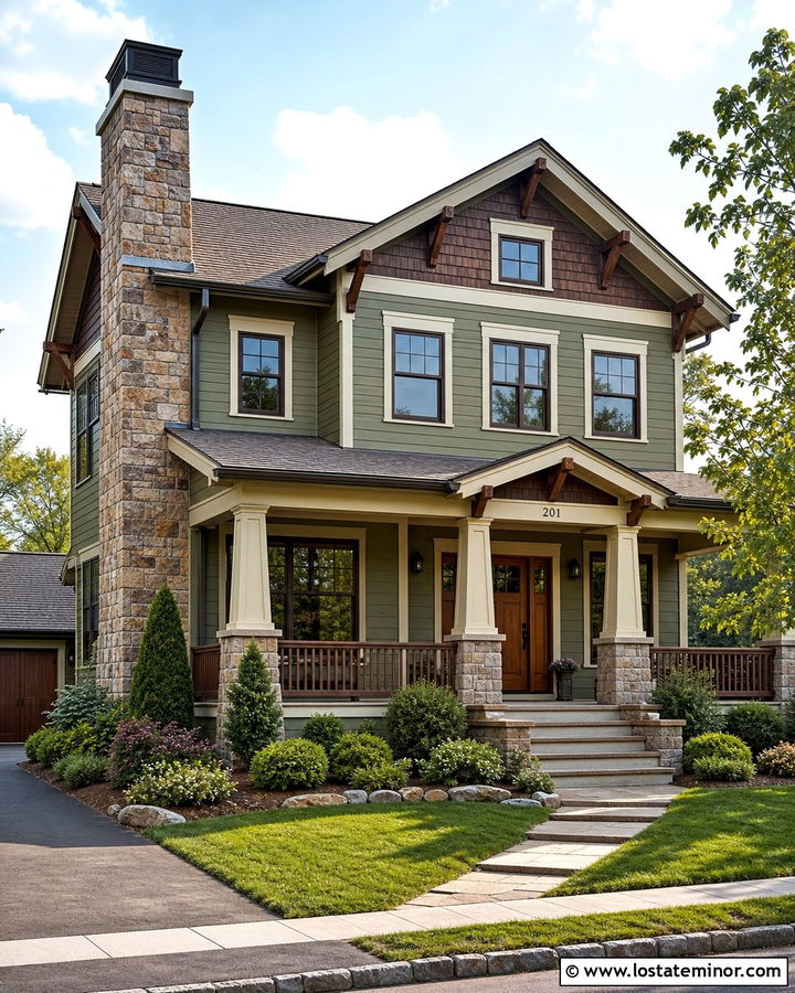Moss Green Craftsman With Stone Chimney - 30 Moss Green House Design With Chimney Ideas