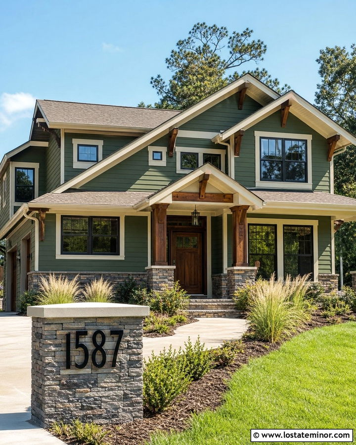 Moss Green Craftsman With Stone Pillar Numbers - 30 Moss Green House Design With House Numbers Ideas