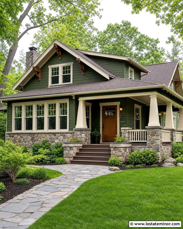 Moss Green Craftsman With Stone Sunroom - 30 Moss Green House Design With Sunroom Ideas