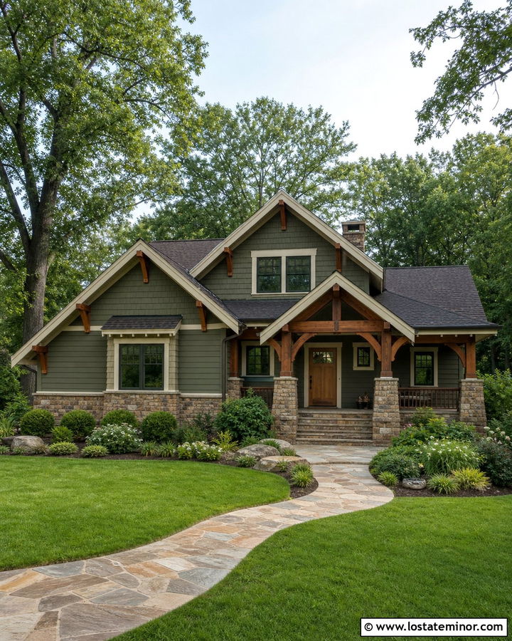 Moss Green Craftsman With Warm Fieldstone - 30 Moss Green House Design With Stone Accents Ideas