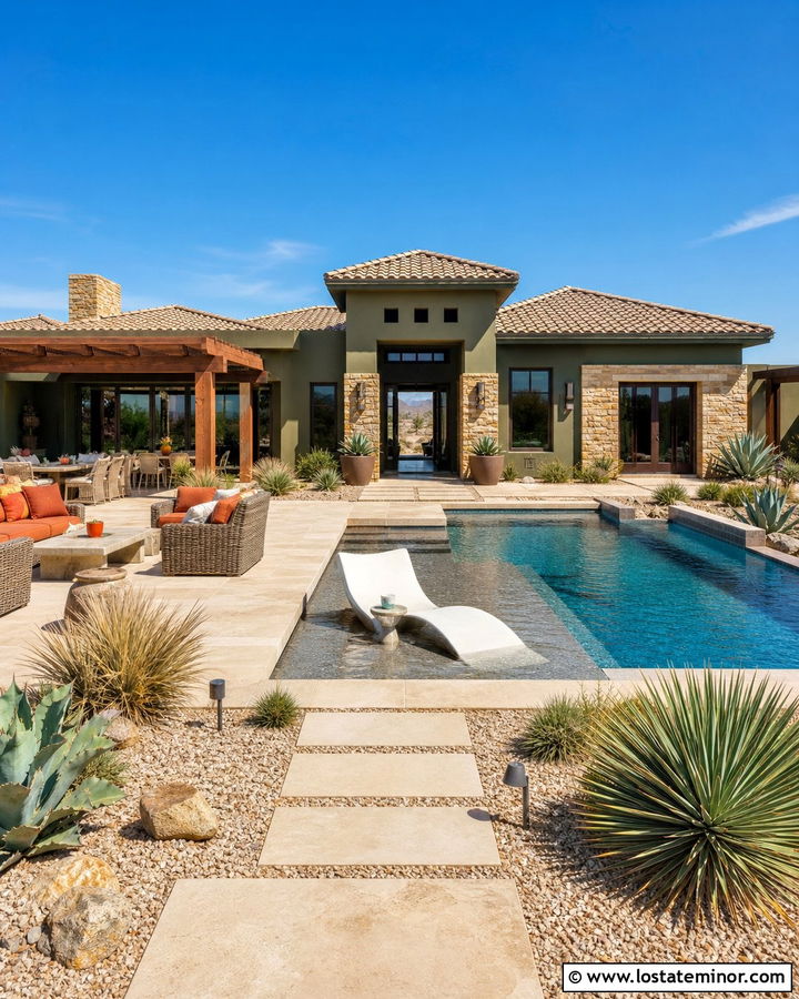 Moss Green Desert House With Tanning Ledge Pool - 30 Moss Green House Design With Swimming Pool Ideas