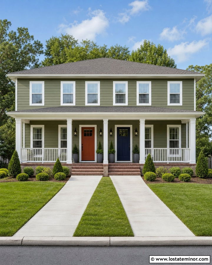 Moss Green Duplex With Matching Porch Railings - 30 Moss Green House Design With Railings Ideas