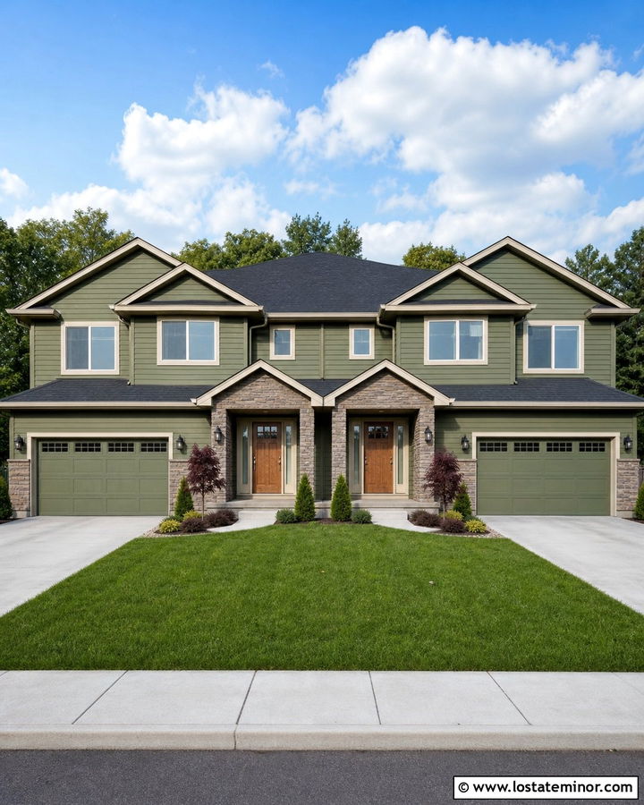 Moss Green Duplex With Matching Stone Entries - 30 Moss Green House Design With Stone Accents Ideas