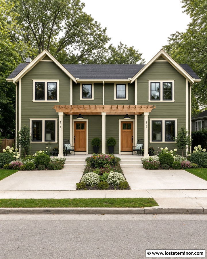 Moss Green Duplex With Shared Pergola - 30 Moss Green House Design With Pergola Ideas