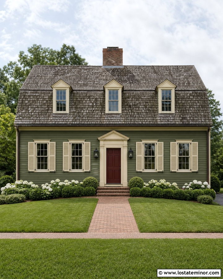 Moss Green Dutch Colonial With Cream Shutters - 30 Moss Green House Design With Shutters Ideas