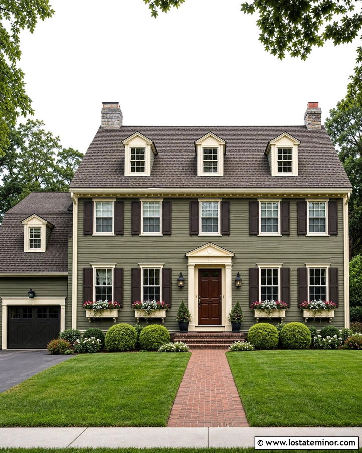Moss Green Dutch Colonial With Cream Window Boxes - 30 Moss Green House Design With Window Boxes Ideas