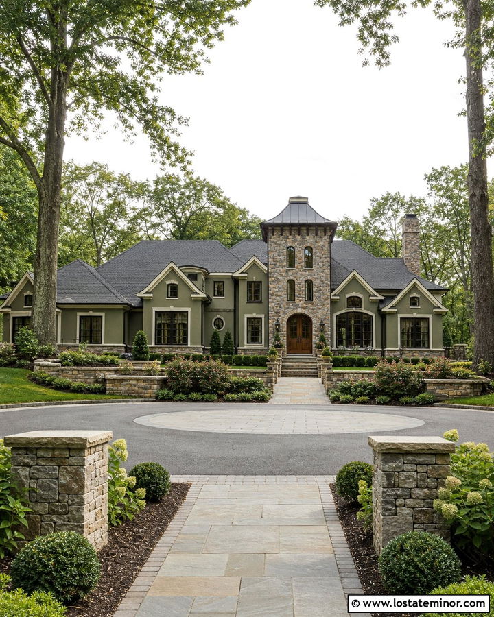 Moss Green Estate House With Stone Tower - 30 Moss Green House Design With Stone Accents Ideas