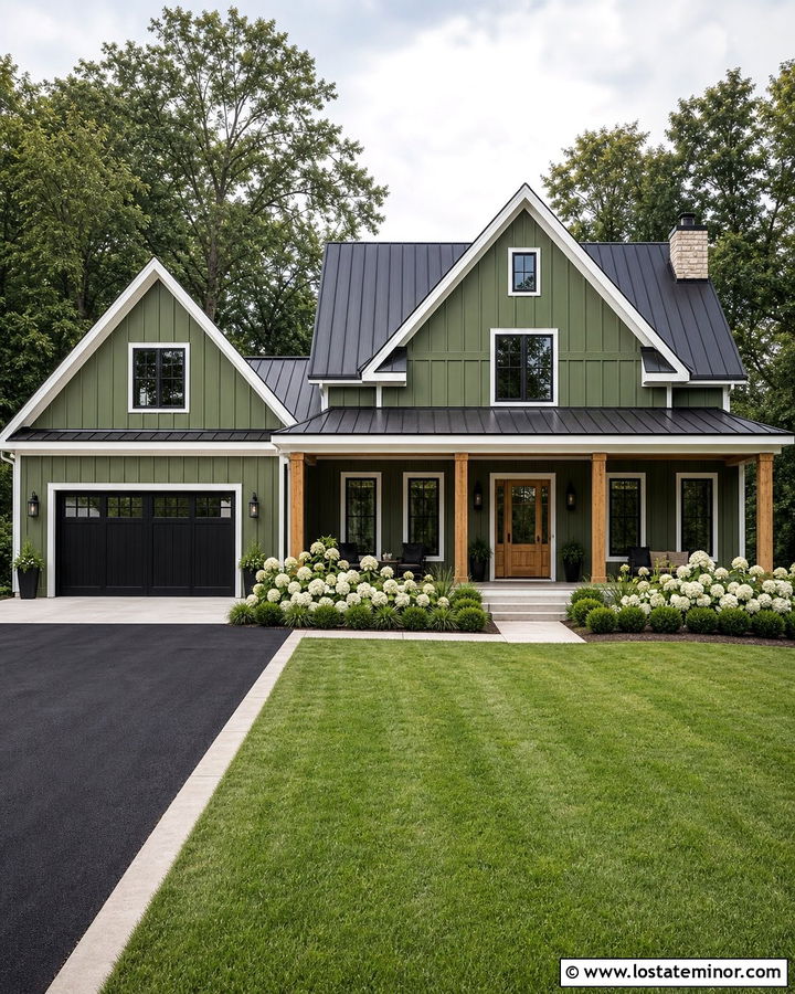 Moss Green Farmhouse With Black Asphalt Driveway - 30 Moss Green House Design With Driveway Ideas