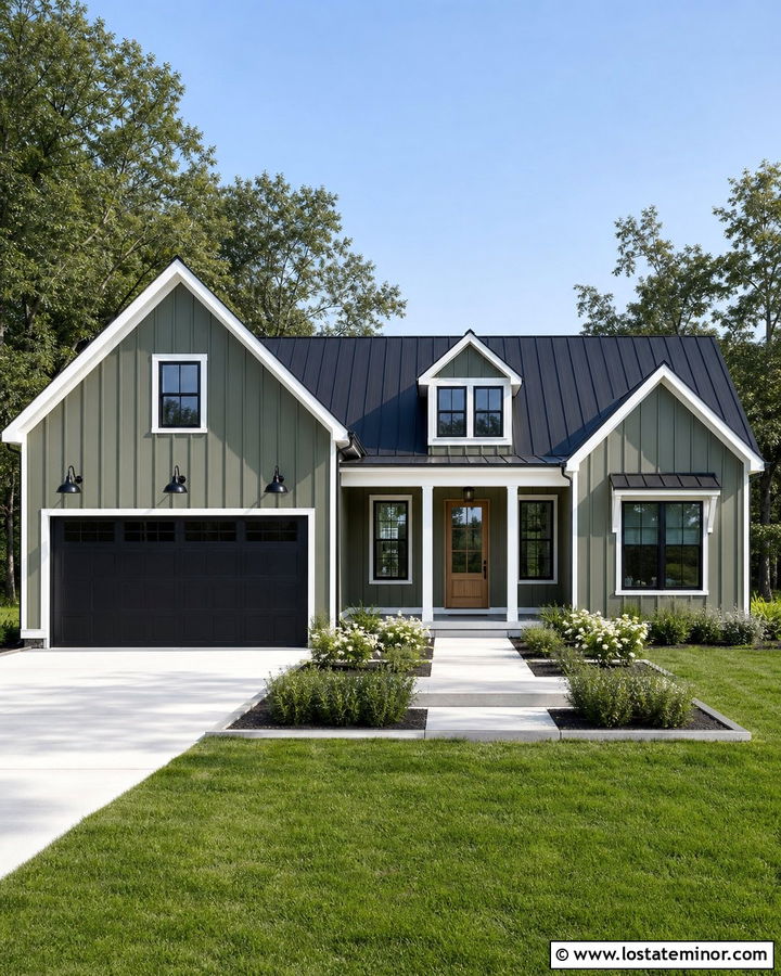 Moss Green Farmhouse With Black Barn Lights - 30 Moss Green House Design With Lighting Ideas