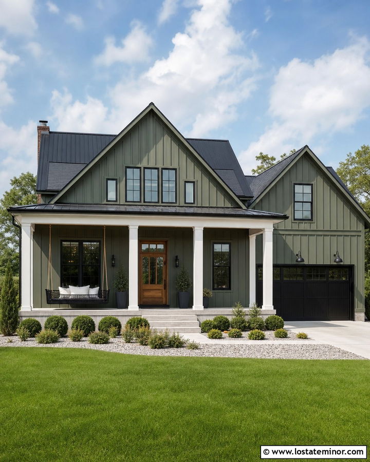 Moss Green Farmhouse With Black Hanging Daybed - 30 Moss Green House Design With Daybed Ideas