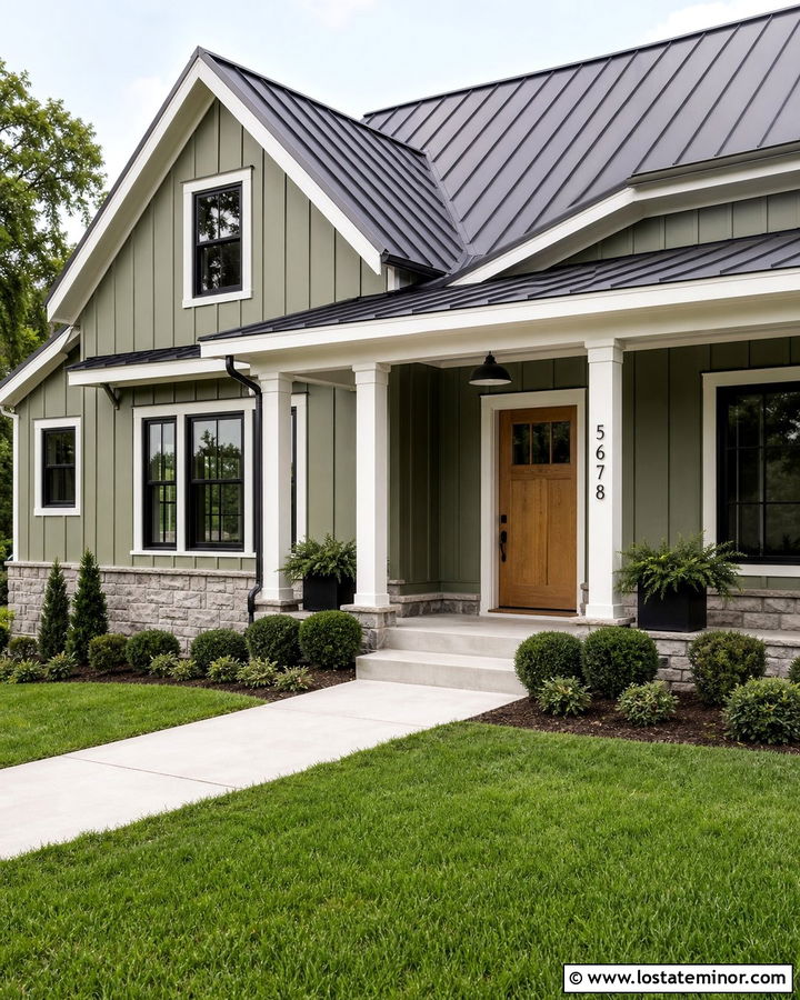 Moss Green Farmhouse With Black House Numbers - 30 Moss Green House Design With House Numbers Ideas