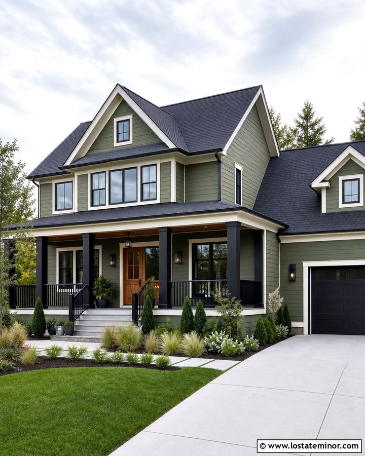 Moss Green Farmhouse With Black Porch Columns - 30 Moss Green House Design With Porch Columns Ideas
