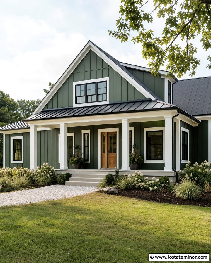 Moss Green Farmhouse With Black Portico Roof - 30 Moss Green House Design With Portico Ideas