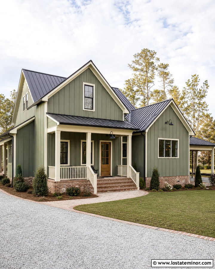 Moss Green Farmhouse With Brick Skirting - 30 Moss Green House Design With Brick Accents Ideas