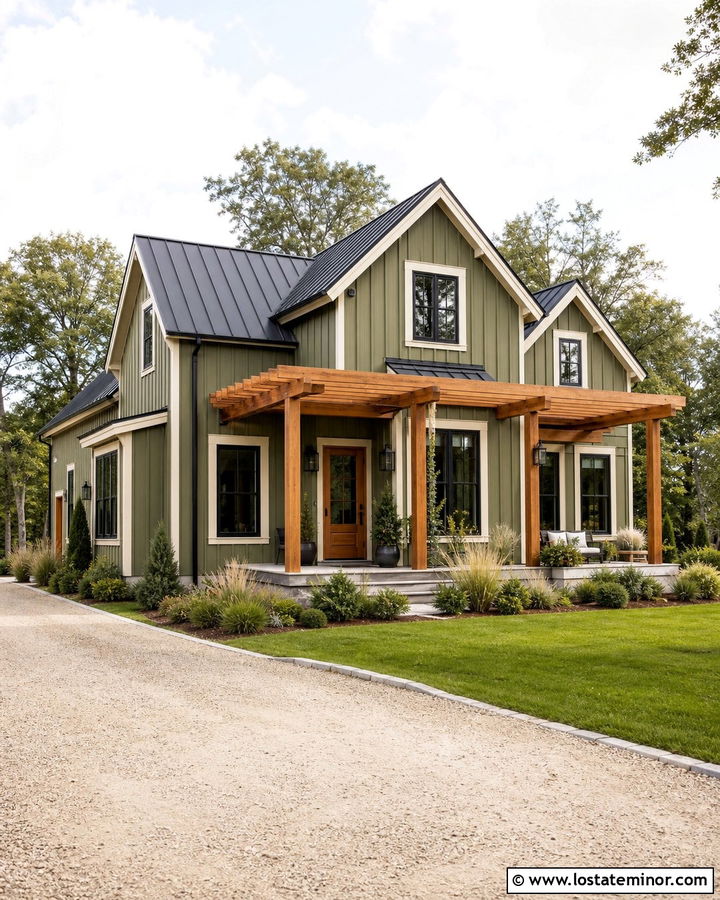Moss Green Farmhouse With Cedar Pergola - 30 Moss Green House Design With Pergola Ideas