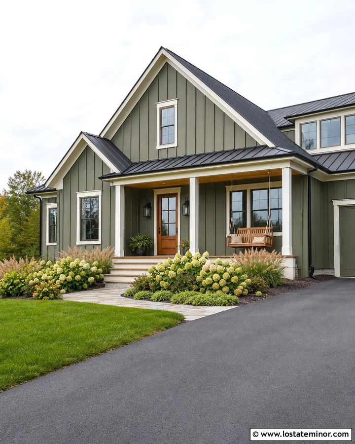 Moss Green Farmhouse With Cedar Porch Swing - 30 Moss Green House Design With Swing Ideas