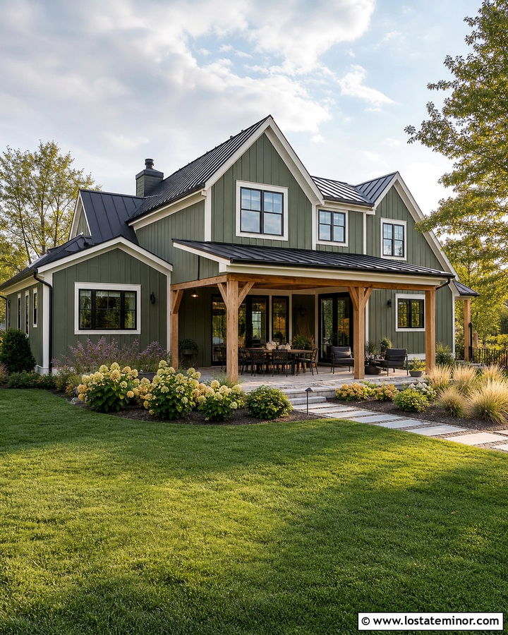 Moss Green Farmhouse With Covered Patio - 30 Moss Green House Design With Backyard Ideas