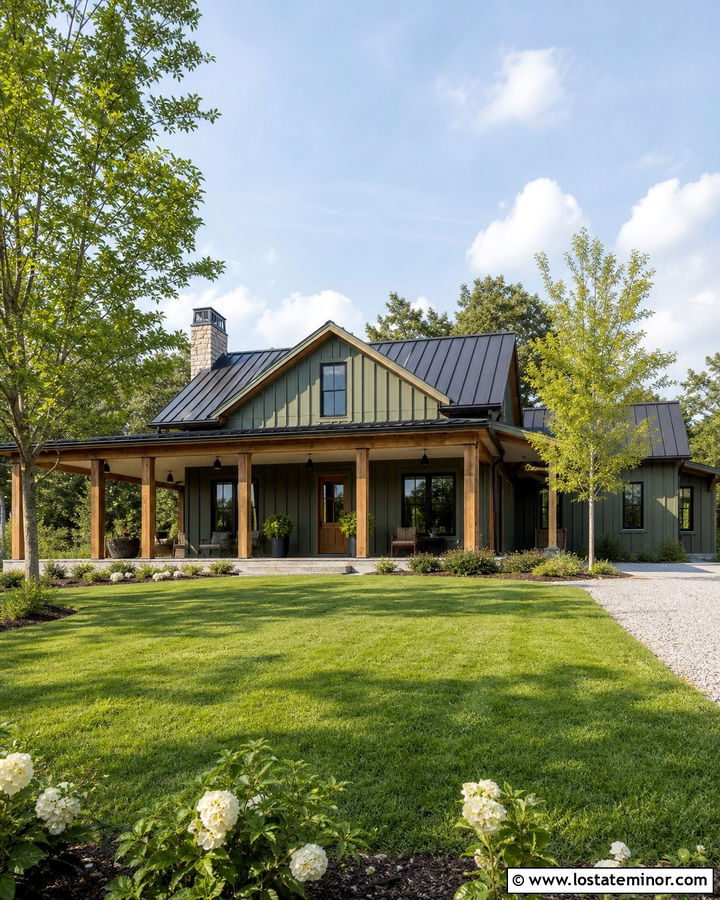 Moss Green Farmhouse With Exposed Beam Porch Ceiling - 30 Moss Green House Design With Porch Ceiling Ideas
