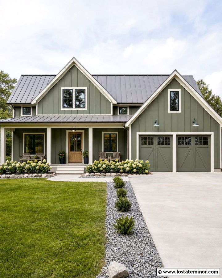 Moss Green Farmhouse With Galvanized Barn Lights - 30 Moss Green House Design With Light Fixtures Ideas