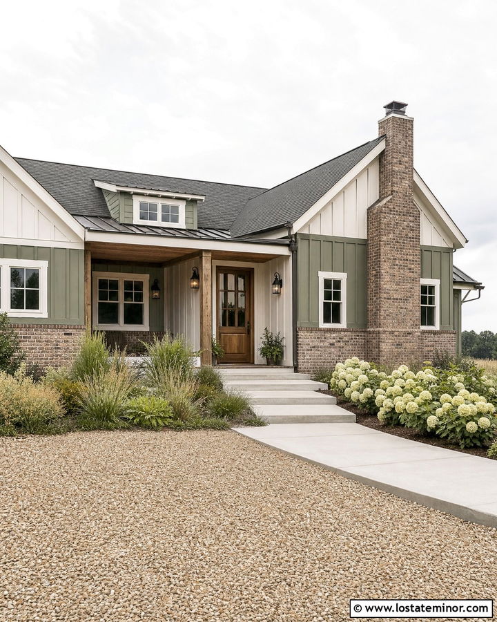 Moss Green Farmhouse With Reclaimed Brick Wainscoting - 30 Moss Green House Design With Wainscoting Ideas
