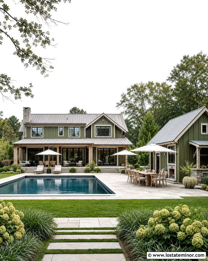 Moss Green Farmhouse With Rectangular Pool - 30 Moss Green House Design With Swimming Pool Ideas