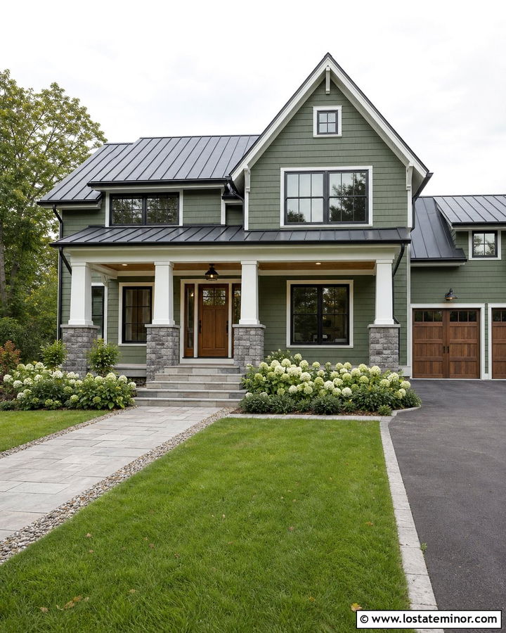 Moss Green Farmhouse With Stone Base Columns - 30 Moss Green House Design With Porch Columns Ideas