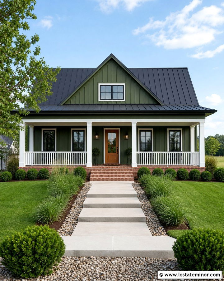 Moss Green Farmhouse With White Beadboard Porch Ceiling - 30 Moss Green House Design With Porch Ceiling Ideas
