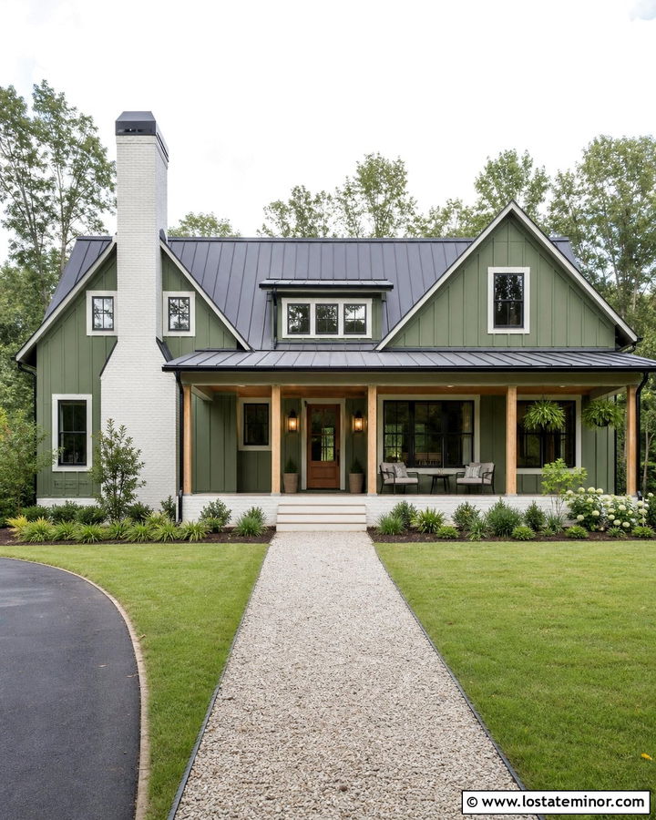 Moss Green Farmhouse With White Brick Chimney - 30 Moss Green House Design With Chimney Ideas
