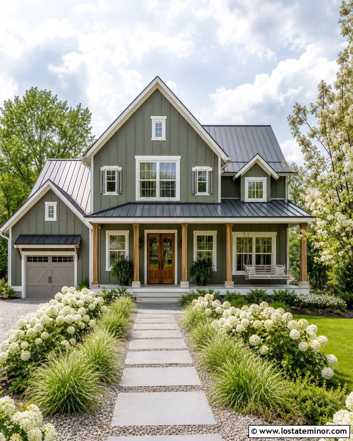 Moss Green Farmhouse With White Hydrangeas - 30 Moss Green House Design With Front Yard Ideas