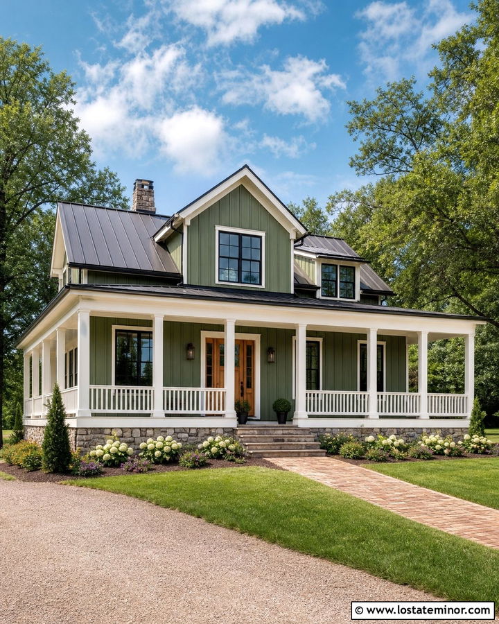 Moss Green Farmhouse With White Porch Railings - 30 Moss Green House Design With Railings Ideas
