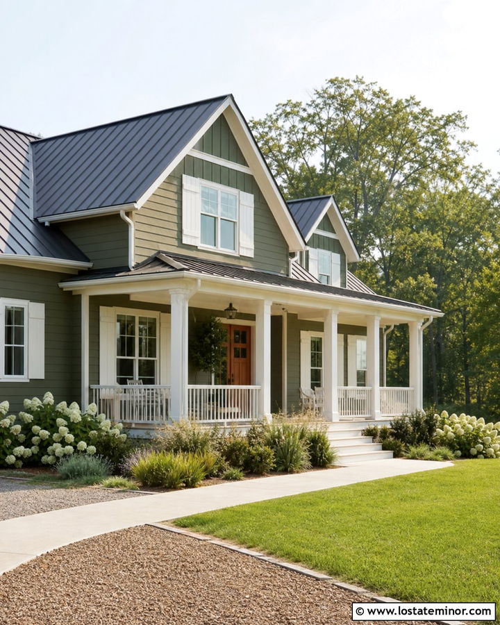Moss Green Farmhouse With White Shutters - 30 Moss Green House Design With Shutters Ideas