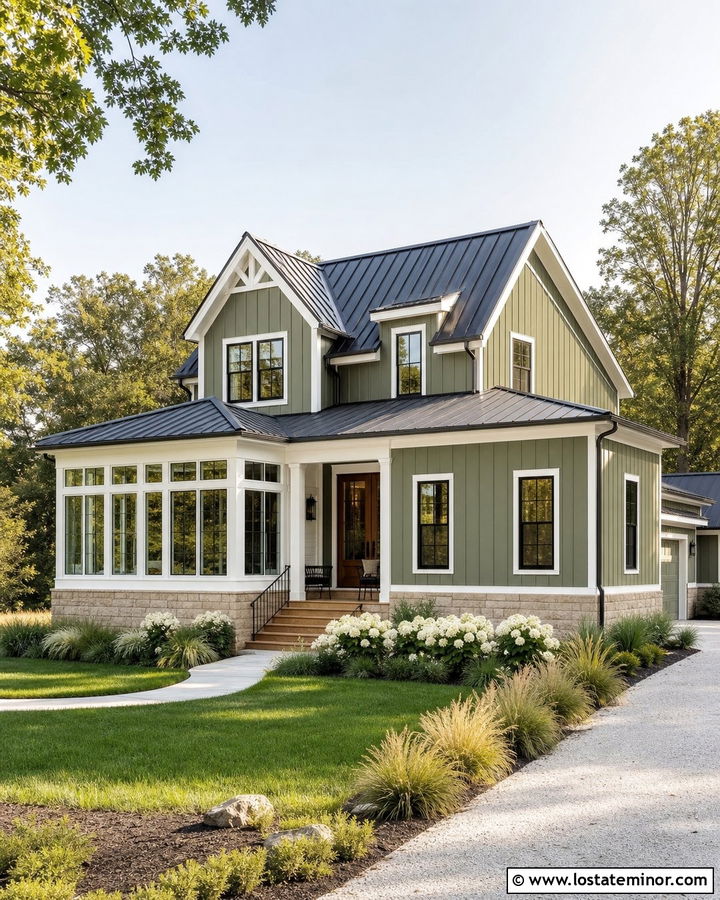 Moss Green Farmhouse With White Sunroom - 30 Moss Green House Design With Sunroom Ideas