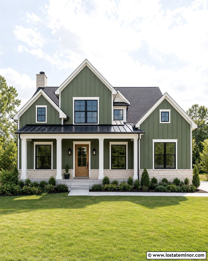 Moss Green Farmhouse With White Trim And Black Windows - 30 Moss Green House Design With Trim Ideas