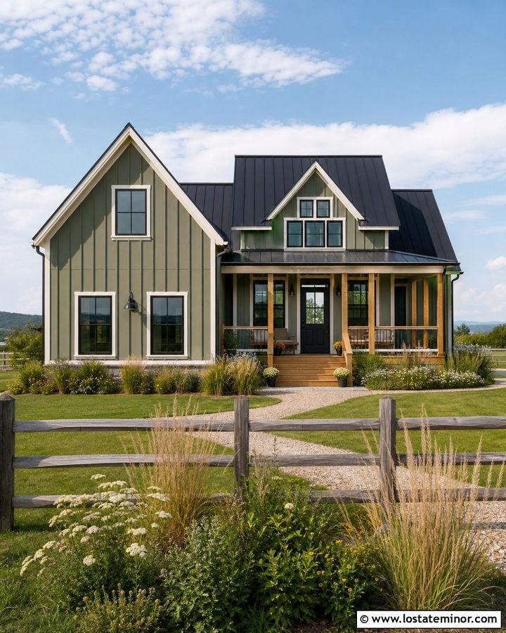 Moss Green Farmhouse With Wildflower Landscaping - 30 Moss Green House Design With Landscaping Ideas