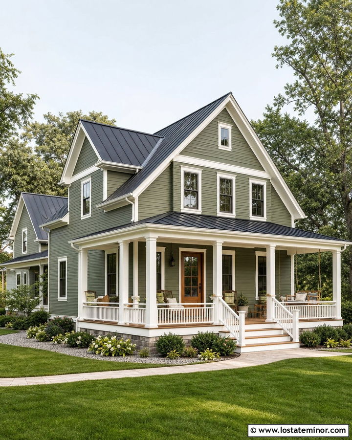 Moss Green Farmhouse With Wraparound Front Porch - 30 Moss Green House Design With Front Porch Ideas