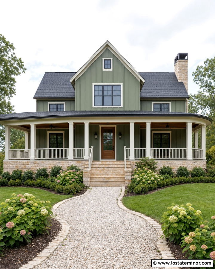 Moss Green Farmhouse With Wraparound Stone Porch - 30 Moss Green House Design With Stone Accents Ideas