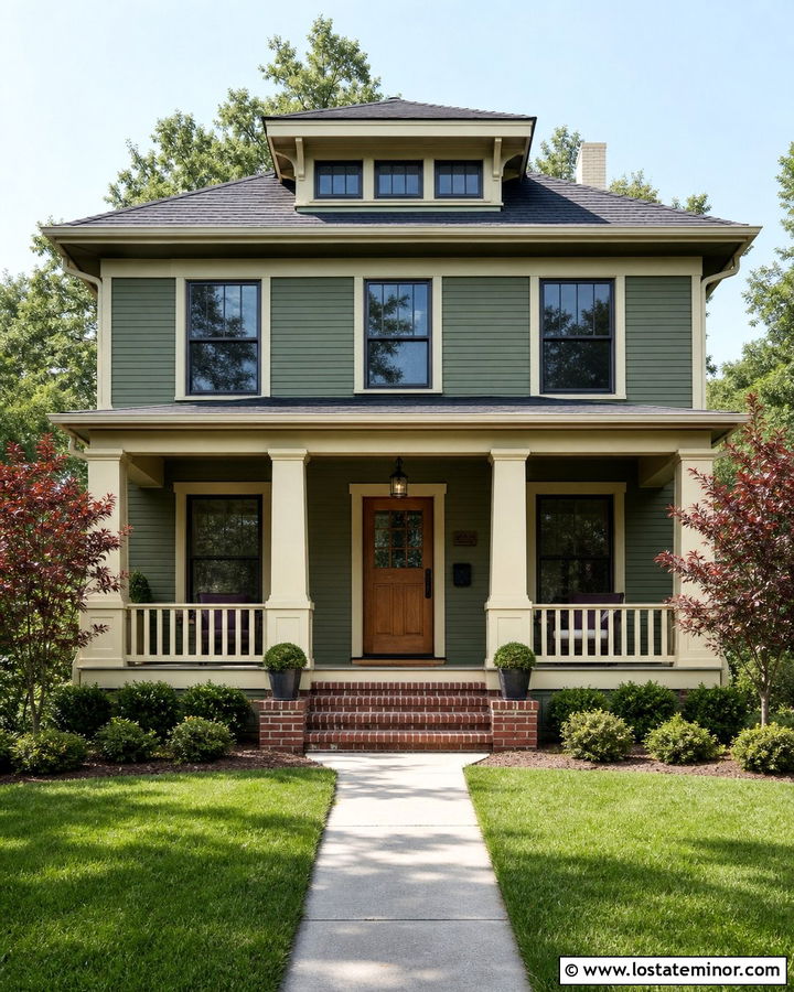 Moss Green Foursquare With Full Width Porch Columns - 30 Moss Green House Design With Porch Columns Ideas