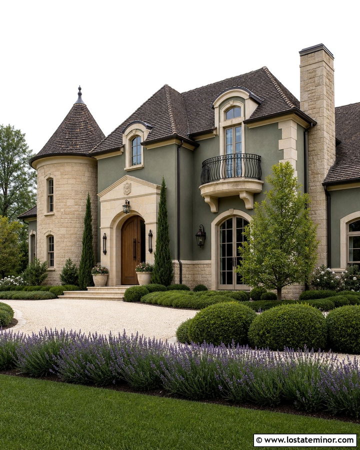 Moss Green French Country House With Buff Limestone - 30 Moss Green House Design With Stone Accents Ideas